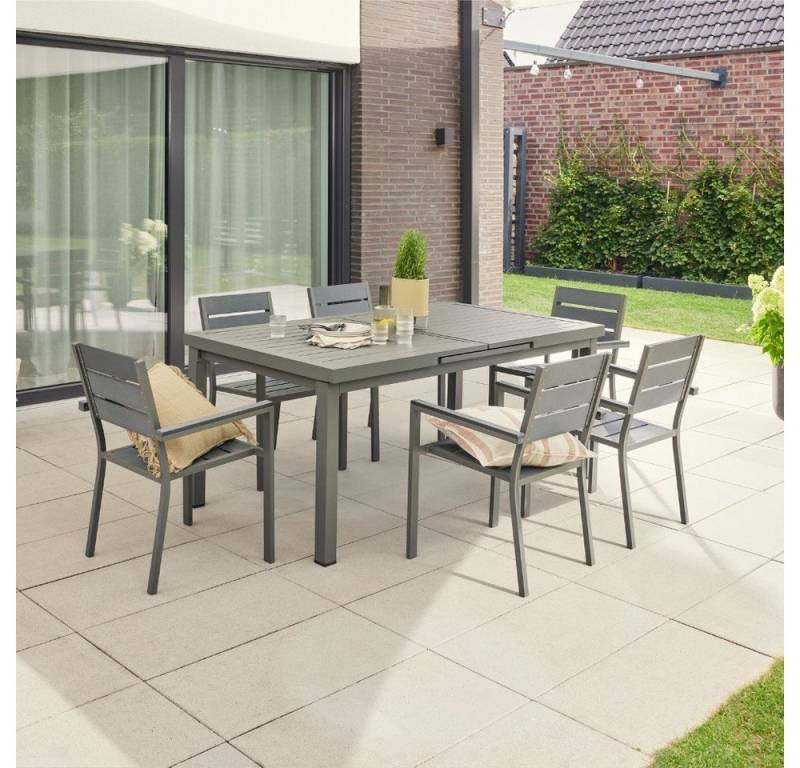 HOME DELUXE Garten-Essgruppe Sitzgruppe CALIDO MADERA, (inkl. 1 x Gartentisch & 10 x stapelbare Gartenstühle, Ausziehtisch, Terrassentisch, Balkontisch), schnell ausziehbar 180 - 240 cm, aus robustem Aluminium, Gartenmöbel von HOME DELUXE