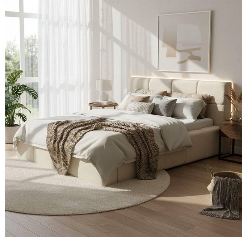 HOME DELUXE Polsterbett LED-Bett aus Teddy-Stoff mit Ablage GALA (140 x 200 cm, Bouclé Bett), inkl. Bettkasten, Lattenrost & großes gepolstertes Kopfteil von HOME DELUXE