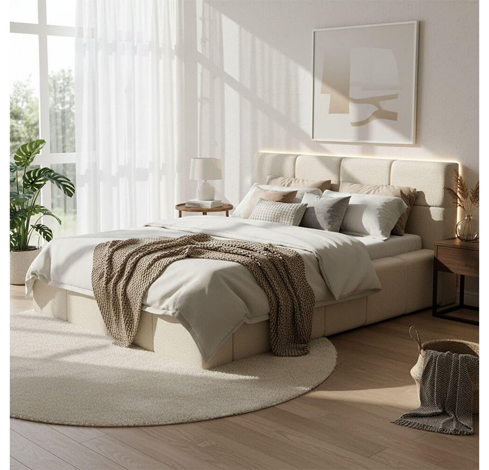HOME DELUXE Polsterbett LED-Bett aus Teddy-Stoff mit Ablage GALA (140 x 200 cm, inkl. Matratze), inkl. Bettkasten, Lattenrost & großes gepolstertes Kopfteil von HOME DELUXE