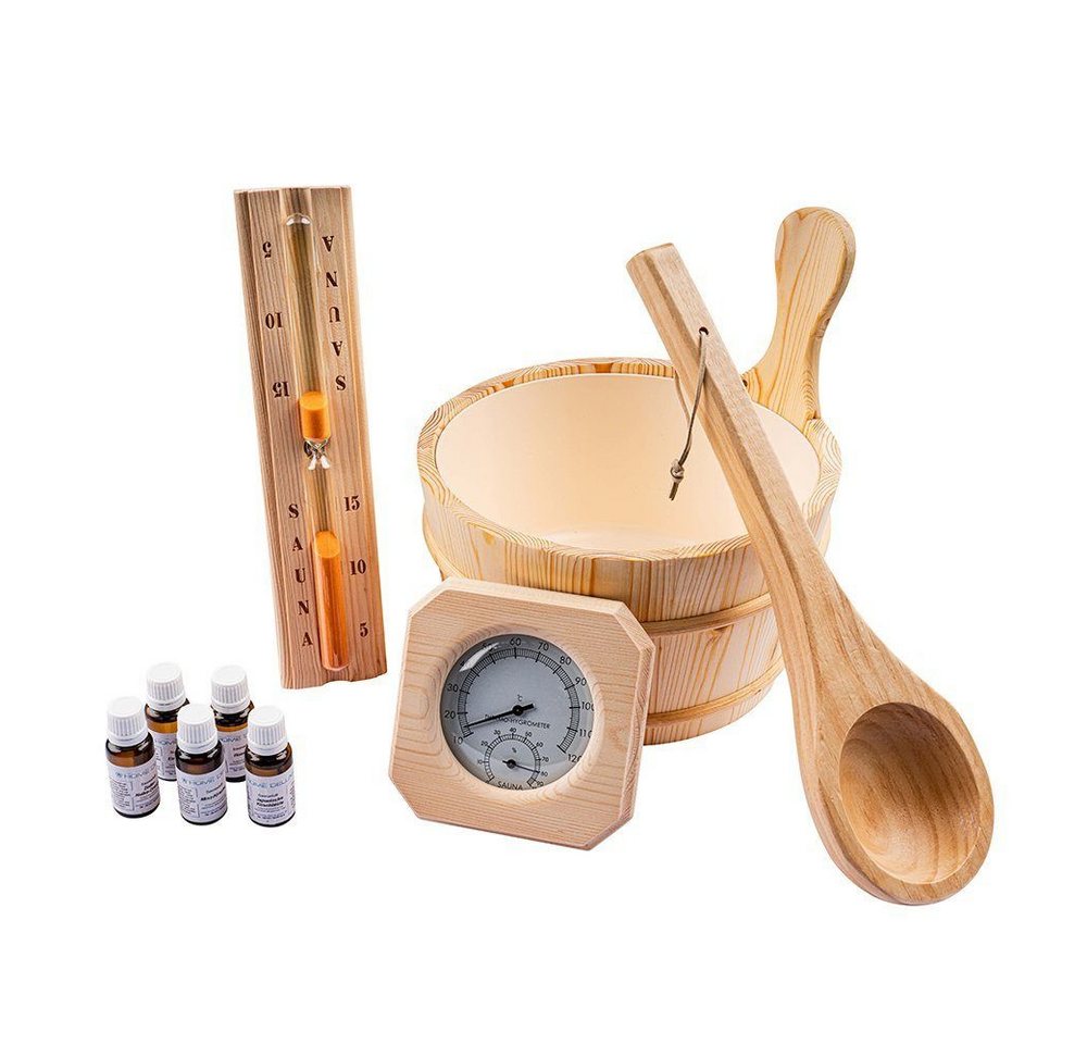 HOME DELUXE Sauna-Aufgussset SAUNAZUBEHÖR 10 TLG. - Q PREMO (10-tlg) inkl. Saunakübel, Saunakelle, Hygrometer usw. von HOME DELUXE