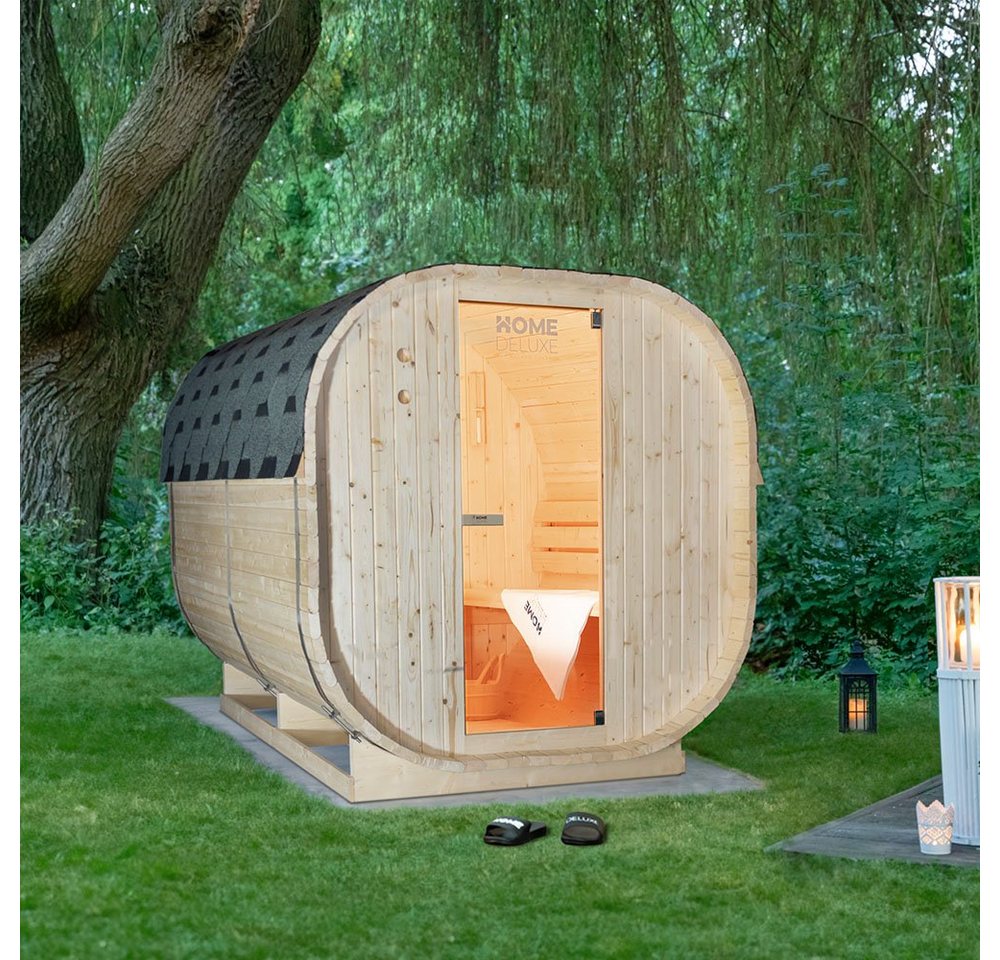 HOME DELUXE Sauna Outdoor Sauna CUBE - Größenauswahl, BxTxH: 194 x 180 x 185 cm, 38,00 mm, (inkl. 6 kW Saunaofen & Saunazubehör) Saunahaus aus Fichtenholz I Gartensauna von HOME DELUXE