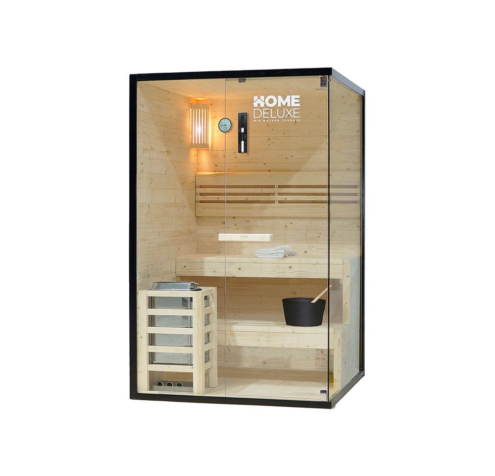 HOME DELUXE Sauna SHADOW M, BxTxH: 120 x 120 x 190 cm, 44 mm, (inkl. 3,6 kW Saunaofen & komplettem Zubehör) für 2 Personen, Hochwertiges Fichtenholz, Traditionelle Sauna von HOME DELUXE
