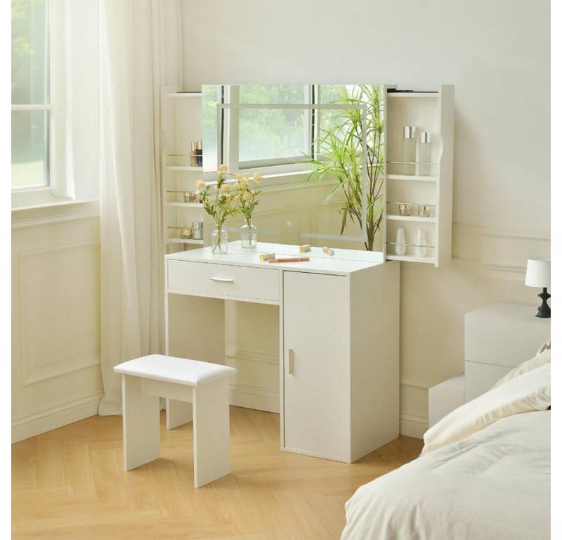 HOME DELUXE Schminktisch IMANI - Weiß 130 x 80 x 40 cm (inkl. Hocker & Spiegelschrank mit Schubladen), mit LED Beleuchtung & Stauraum I Frisiertisch von HOME DELUXE