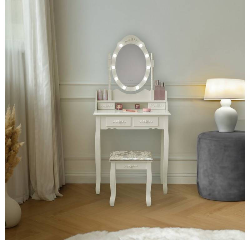HOME DELUXE Schminktisch ROSY - 149 x 71 x 40 cm  (inkl. Hocker & Spiegel), einstellbare LED Beleuchtung & Stauraum, Frisiertisch von HOME DELUXE