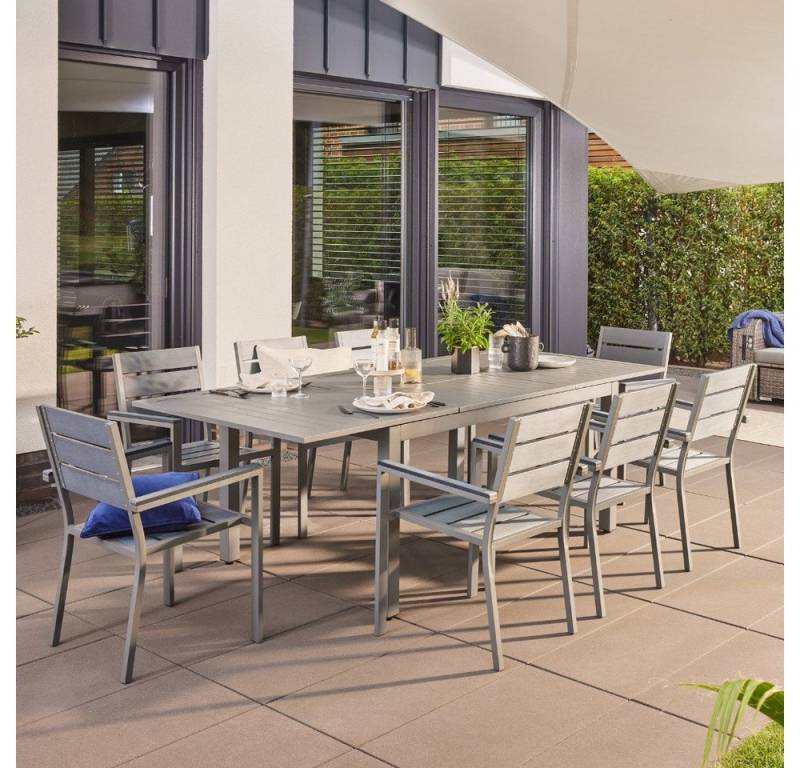 HOME DELUXE Sitzgruppe CASA MADERA, (inkl. 4 stapelbaren Gartenstühlen, Ausziehtisch, Terrassentisch, Balkontisch), schnell ausziehbar 160 - 240 cm, aus robustem Aluminium, Gartenmöbel von HOME DELUXE