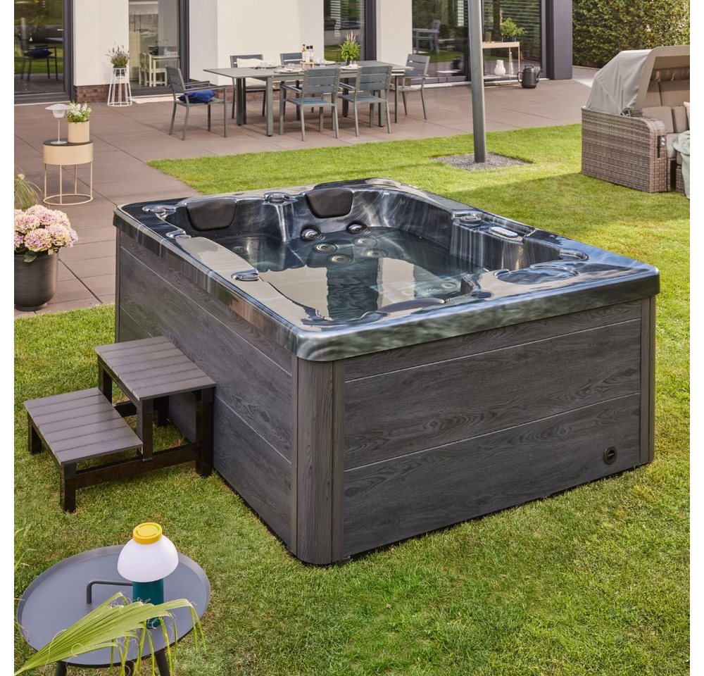 HOME DELUXE Whirlpool Outdoor Whirlpool BLACK MARBLE, (Inkl. Heizung, 27 Massagedüsen und 9 Lichtquellen, 3-tlg), mit Thermoabdeckung und Treppe, 210 x 160 x 85 cm, Außen Whirlpool von HOME DELUXE