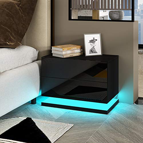 Nachttisch mit Led Holznachttisch Nachttischschrank mit 2 Schubladen Sofatisch für Schlafzimmer Wohnzimmermöbel (Schwarz) von HOME EAGLES LIMITED