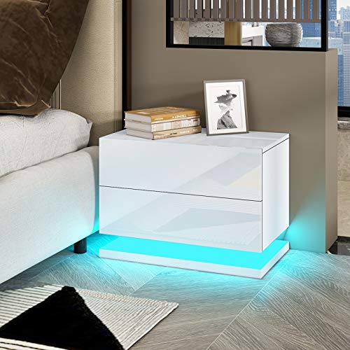 Nachttisch mit Led Holznachttisch Nachttischschrank mit 2 Schubladen Sofatisch für Schlafzimmer Wohnzimmermöbel (Weiß) von HOME EAGLES LIMITED