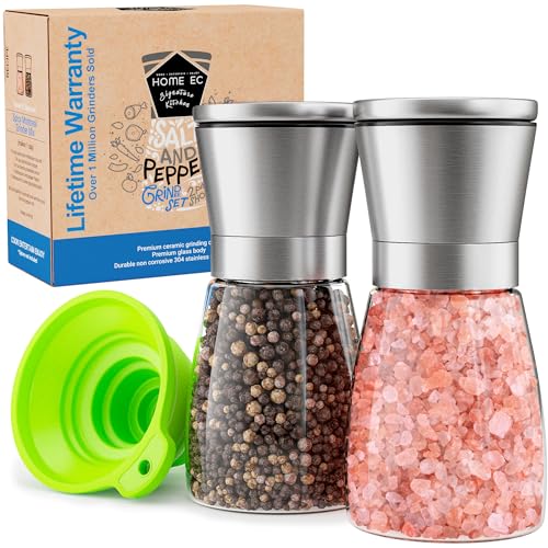 Hochwertiges Set aus Salzmühle und Pfeffermühle von HOME EC - Eistellbare Seesalzmühle & Pfeffermühle – Hohe Salz- und Pfefferstreuer – Pfeffer und Salzmühle mit Trichter und Ebook (2 Stück 5 Zoll) von HOME EC