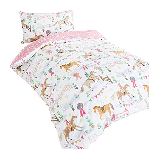 Bettdecken-Set für Kinder (Jungen und Mädchen), Einzelbett, Steppdecken-Set, Motiv: Pferde und Reiter, mit weißen Gänseblümchen auf rosa Hintergrund von HOME-EXPRESSIONS
