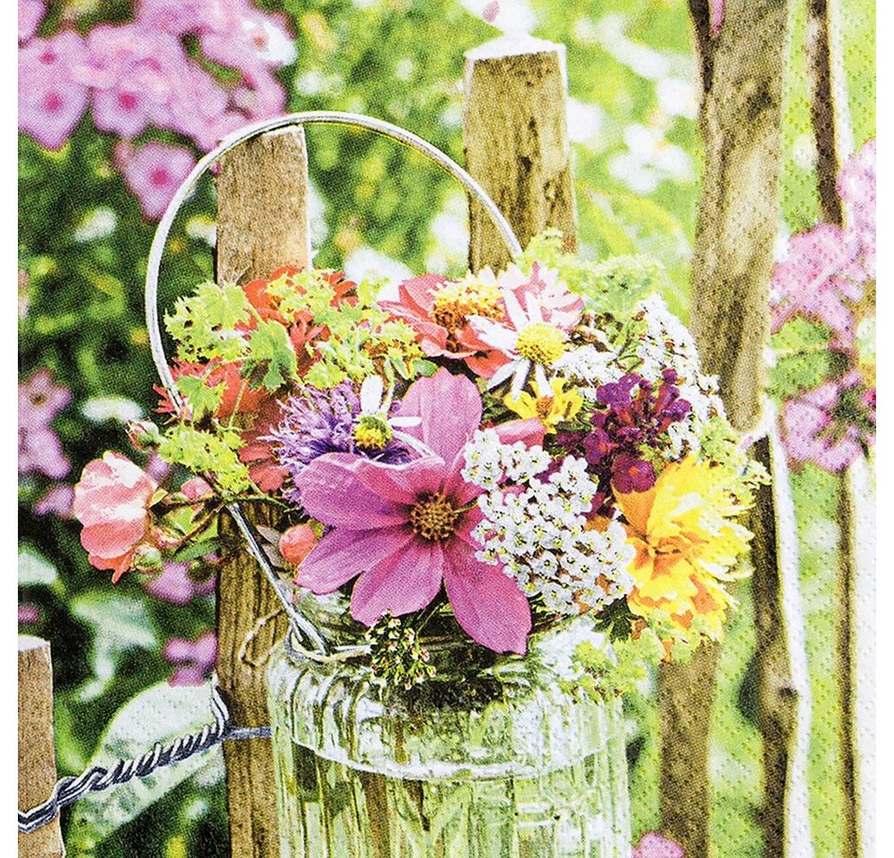 HOME FASHION Papierserviette 20 Servietten Blooming Fence - Blumenvase am Zaun 33x33cm, (20 St) von HOME FASHION
