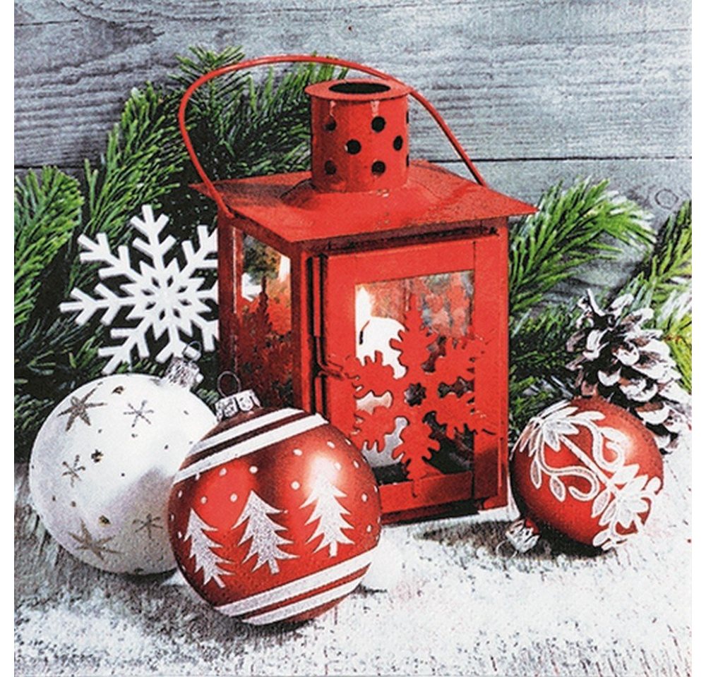 HOME FASHION Papierserviette 20 Servietten Cabin Charm - Laterne mit Weihnachtskugeln 33x33cm, (20 St) von HOME FASHION