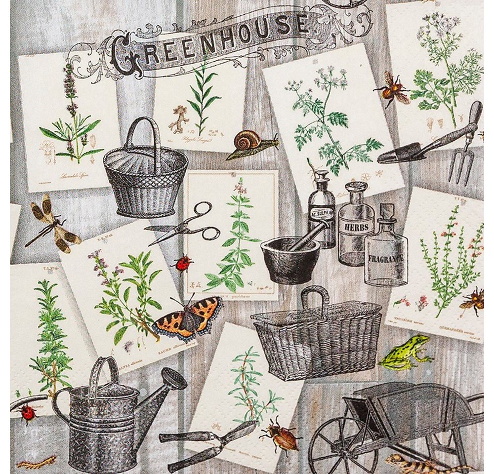 HOME FASHION Papierserviette 20 Servietten Green House - Anbau von Kräuter 33x33cm, (20 St) von HOME FASHION