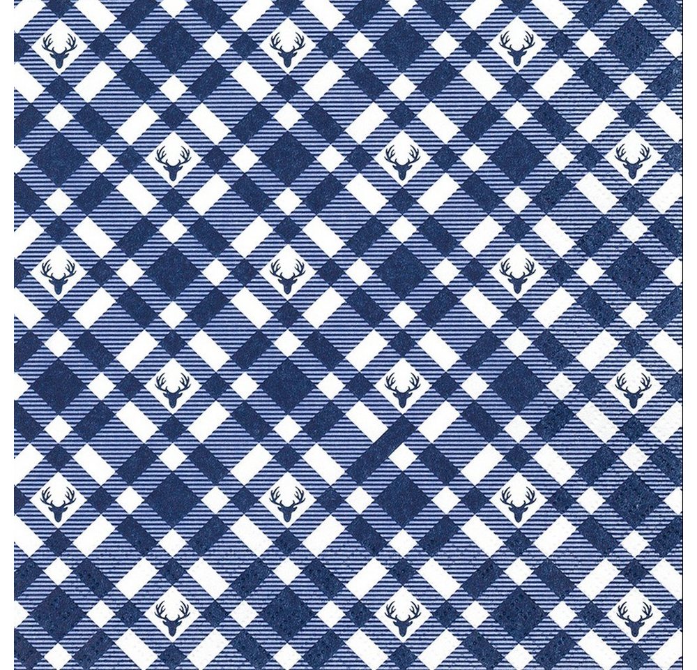 HOME FASHION Papierserviette 20 Servietten Plaid with Deers blue Hirsche auf Karo blau 33x33cm, (20 St) von HOME FASHION