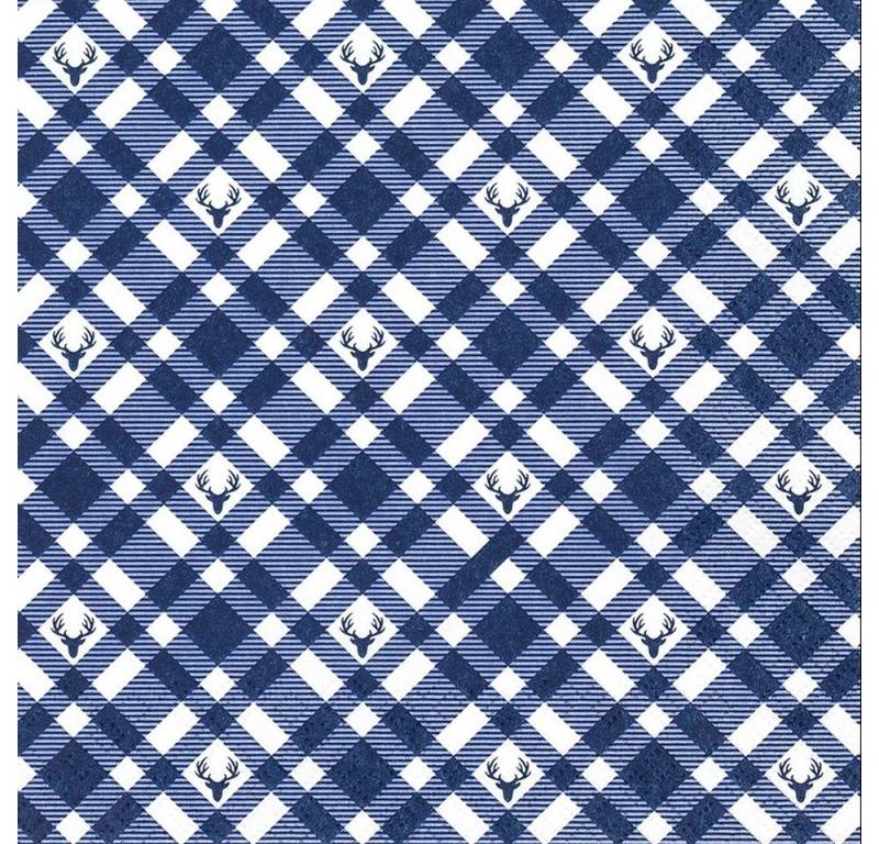 HOME FASHION Papierserviette RP 20 Servietten Plaid with Deers blue Hirsche auf Karo blau 33x33cm, (20 St) von HOME FASHION