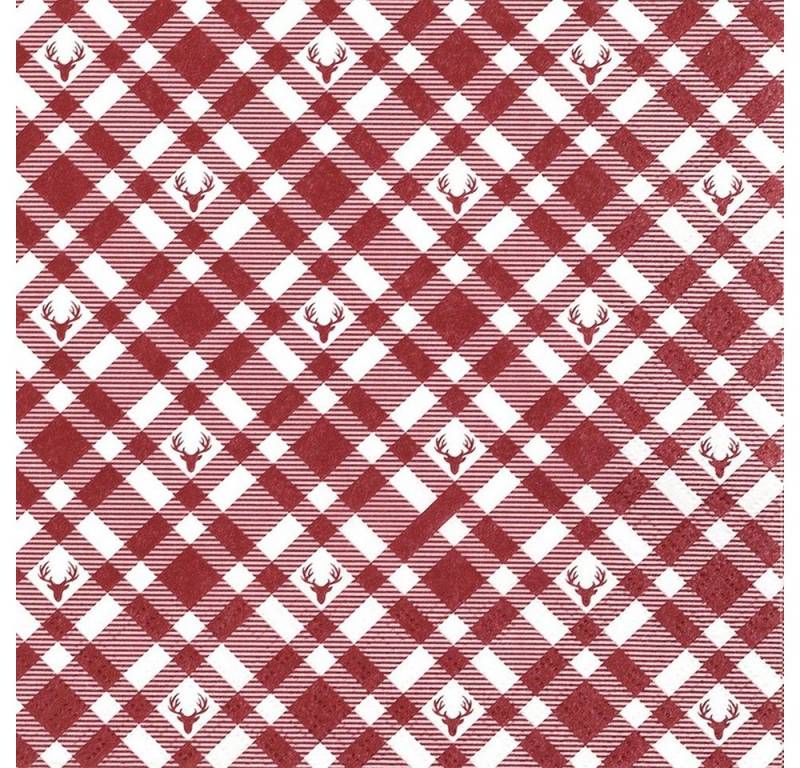 HOME FASHION Papierserviette RP 20 Servietten Plaid with Deers red Hirsche auf Karo rot 33x33cm, (20 St) von HOME FASHION