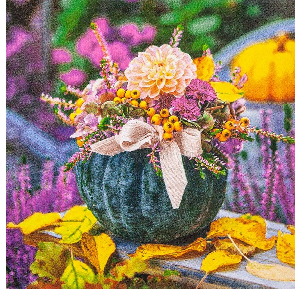 HOME FASHION Papierserviette 20 Servietten Pumpkin Arrangement - Blumen im Kürbis 33x33cm, (20 St) von HOME FASHION