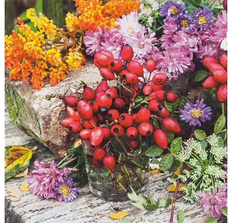 HOME FASHION Papierserviette 20 Servietten Rosehip - Hagebutten und Blumen 33x33cm, (20 St) von HOME FASHION