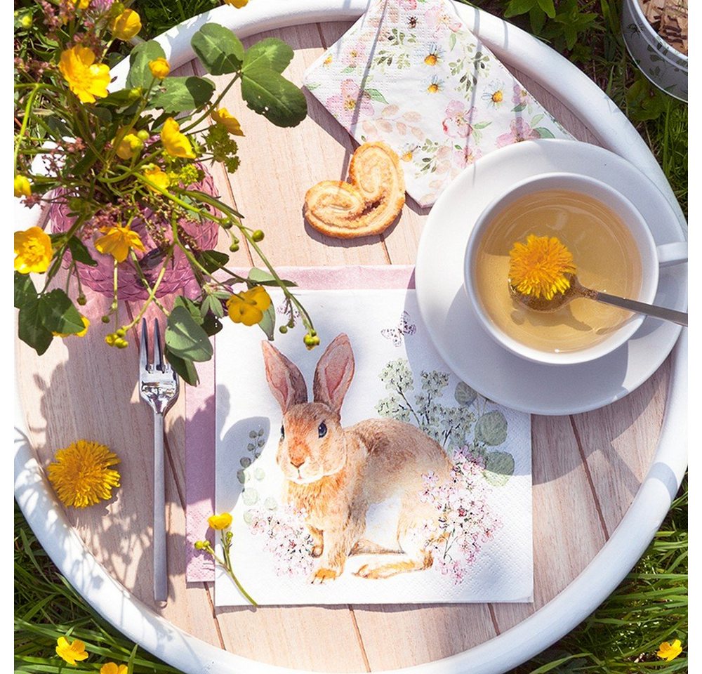HOME FASHION Papierserviette 20 Servietten Rosi Rabbit - Hase an dezenten Blumen 33x33cm, (20 St) von HOME FASHION