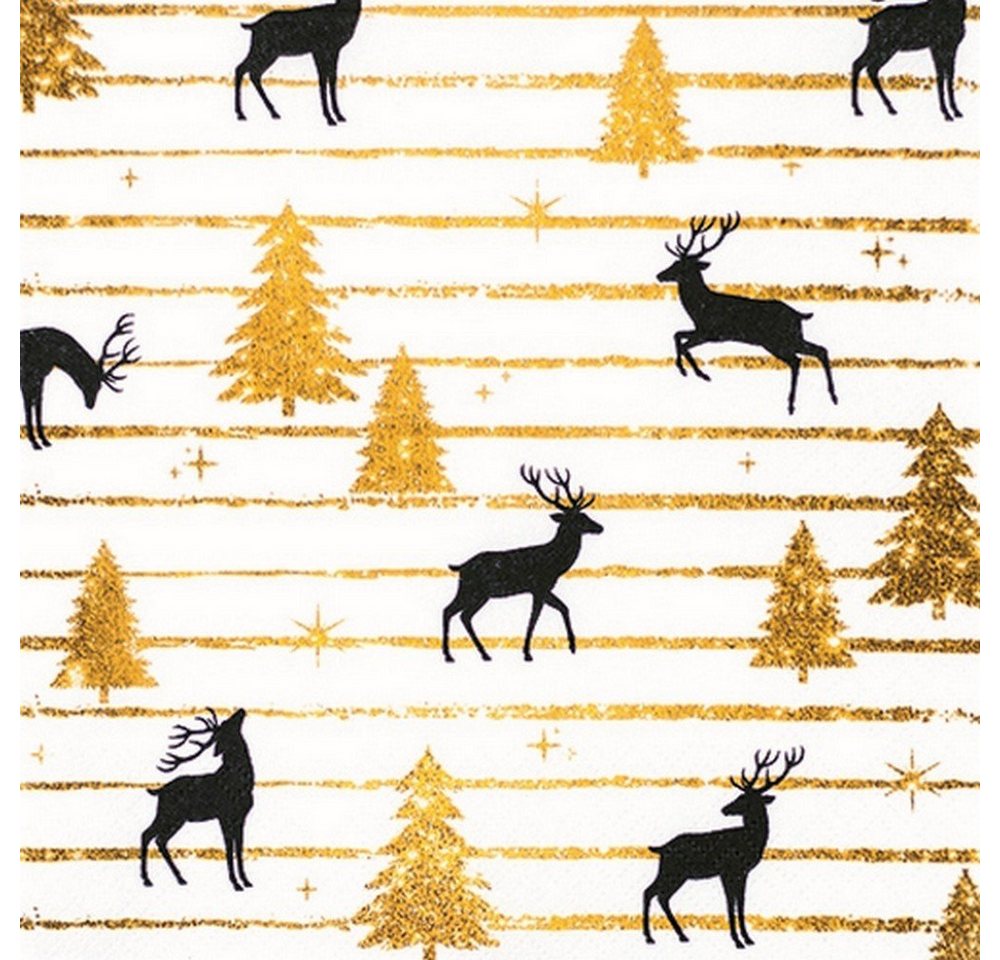 HOME FASHION Papierserviette 20 Servietten Stags and Trees - Hirsche und Bäume schwarz-gold 33x33cm, (20 St) von HOME FASHION