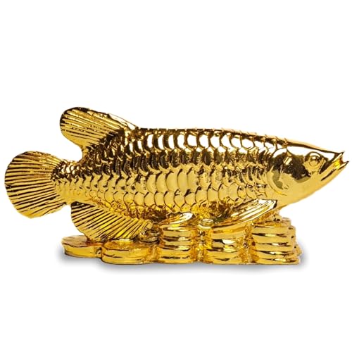 HOME GENIE „Goldener Arowana-Fisch Feng Shui Prunkstück | Symbol für Reichtum und Wohlstand | Handgefertigte Heim- und Bürodekoration von HOME GENIE