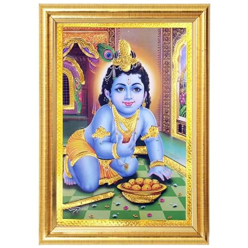 HOME GENIE Bal Krishna Photo Frame for Home Temple | Baby Krishna Wall Decor with Golden Frame | Hindu God Wall Art for Pooja Room, Festival Gift, Spiritual Decoration von HOME GENIE