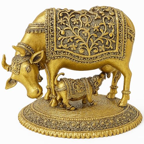 HOME GENIE Brass Kamdhenu Cow with Calf Idol for Home Temple Pooja Decor | Gau MATA Statue | Antique Finish | 8.5x10.5x8 cm | Hindu Vastu Gift | 305g von HOME GENIE