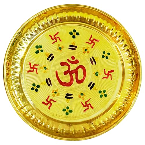 HOME GENIE Brass Pooja Thali with Om and Swastik Design | 13 cm Decorative Prayer Plate for Rituals, Festivals, Temple Use & Gifting | Round Handmade Brass Aarti Thali von HOME GENIE