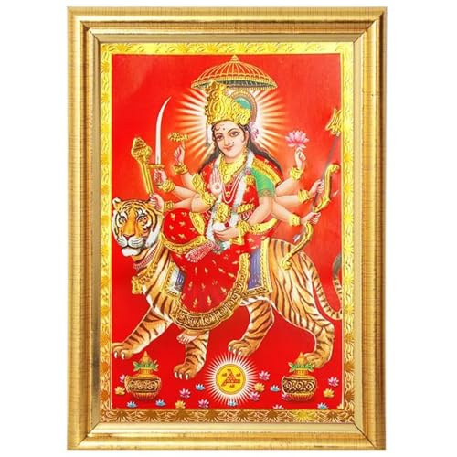 HOME GENIE Durga Mata Photo Frame for Home Temple | Religious Wall Décor with Gold Border | Hindu Goddess on Tiger for Pooja Room, Office, Festival Gifting von HOME GENIE