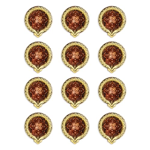 HOME GENIE Handmade Diya for Diwali Decoration | Hand Painted Clay Mitti Diya Lanterns (Bronze Flower, Pack of 12) von HOME GENIE