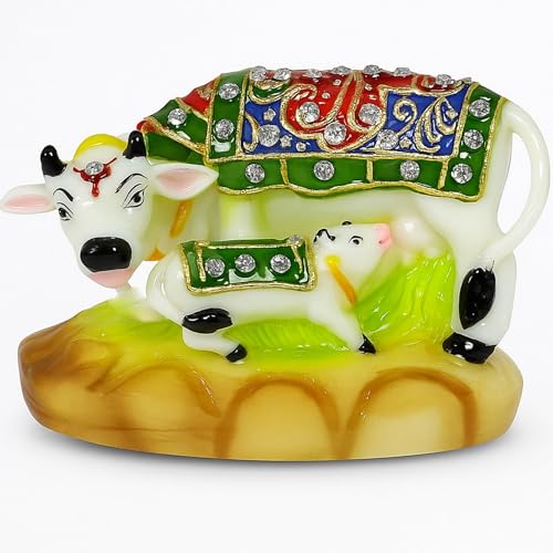 HOME GENIE Kamdhenu Cow and Calf Idol | Decorative Polyresin Sculpture for Home Temple, Office Desk & Vastu Decor – 8.5 cm Height, 380g von HOME GENIE