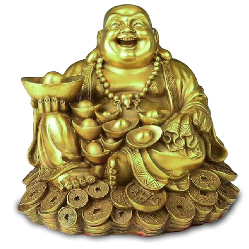 HOME GENIE Lachendes Buddha-Idol auf Reichtumsmünzen | Feng Shui Wohlstandsstatue | Gold-Finish-Prunkstück für Zuhause und Büro | Segen der Fülle und des Glücks | Größe von HOME GENIE