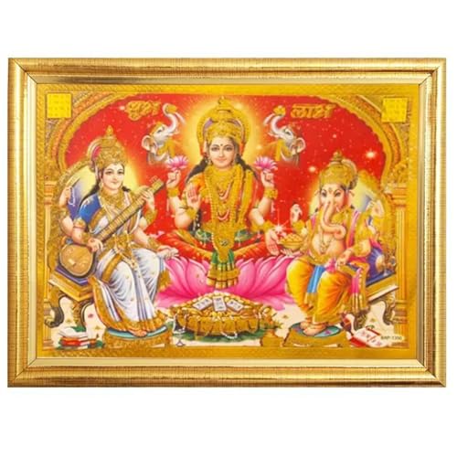 HOME GENIE Laxmi Ganesh Saraswati Photo Frame | Divine Hindu God Wall Décor with Golden Frame | Spiritual Gift for Diwali, Home Temple, Office & Pooja Room Decoration von HOME GENIE