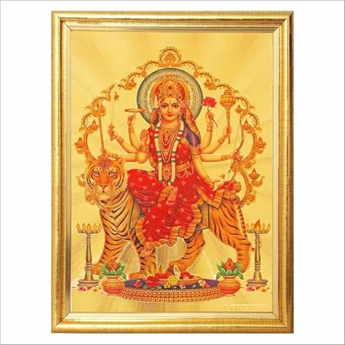 HOME GENIE Maa Durga Photo Frame | Hindu Goddess on Tiger Wall Decor with Golden Frame | Spiritual Artwork for Pooja Room, Temple, Office & Navratri Gifting von HOME GENIE