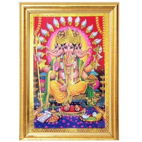 HOME GENIE Panchmukhi Ganpati Photo Frame | Lord Ganesha with Five Faces Wall Decor | Golden Framed Hindu God Picture for Home Temple, Office & Spiritual Gifting von HOME GENIE