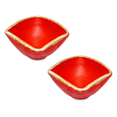HOME GENIE Red and Gold Square-Shaped Decorative Diyas – Handcrafted Terracotta Oil Lamps for Diwali and Festive Decor Pack of 2 von HOME GENIE