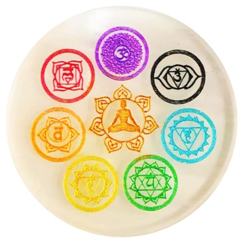 HOME GENIE Sieben Chakra Selenit runde Platte für Energieheilung und Meditation | Kristall-Ladeplatte | Spirituelles Wohndekor | Durchmesser: 9 cm von HOME GENIE