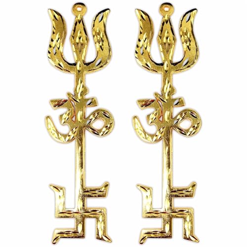 HOME GENIE Tri Shakti Trishool – Messing-Trishul-, Om- und Hakenkreuz-Symbol für Heimtempel, Vastu und spirituellen Schutz, 1 Stück von HOME GENIE