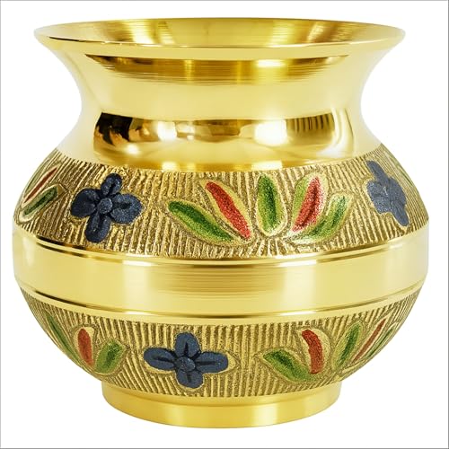Home Genie Brass Kalash Lota with Hand-Etched Floral Design | 7x7x7.5 cm | Traditional Pooja Pot for Decor, Temple, Gifting & Rituals | Handmade Brass Vessel – 230g von HOME GENIE
