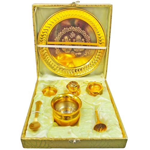 Home Genie Brass Pooja Thali Set with Golden Polish | Complete Hindu Puja Kit with Plate, Kalash, Diya, Bell, Spoon & Incense Holder | Gift Box for Temple & Festivals Home Genie Brass Pooja Thali Set with Golden Polish | Complete Hindu Puja Kit with Plate, Kalash, Diya, Bell, Spoon & Incense Holder | Gift Box for Temple & Festivals von HOME GENIE