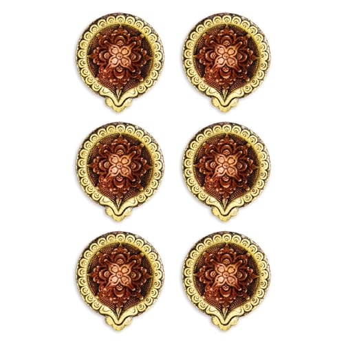 Home Genie Handmade Diyas for Diwali/Deepawali Decoration | Hand Painted Clay Mitti Diya Lanterns | Pack of 6 (Bronze Flower) von HOME GENIE