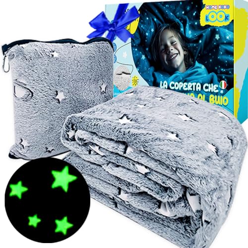 Glow Fun! Kinder Kuscheldecke Leuchtet Im Dunkeln 130X150cm Flausching Decken Leuchtende Kuscheldecke Ganzjahresdecke Weinachtsgeschenkeidee Decken Tragbare Reisedecke mit Rucksackclip - Blau von HOME KOKO LOOK