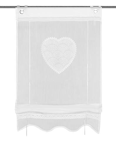 HOME WOHNIDEEN 91417 Corazon, Bändchenrollo mit Ösen und Haken, aus Batist, Bestickt und mit Spitze, Blende unten, Farbe: Weiß, Maße (h x b): (130 x 45 cm) von HOME WOHNIDEEN