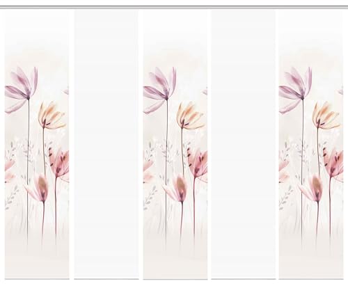 HOME WOHNIDEEN 95067 | 5er-Set Schiebegardine 'KUKAT', Digitaldruck auf Bambus-Optik, mit abstraktem Blumen-Motiv, 260x60cm, Farbe: Natur von HOME WOHNIDEEN