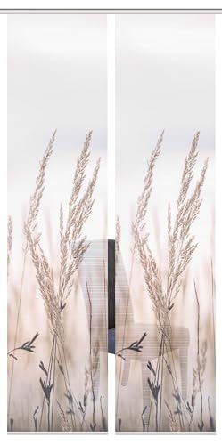 HOME WOHNIDEEN 55372 | 2er-Set Schiebegardine 'RELVA', Digitaldruck auf Bambus-Optik, mit abstraktem Gräser-Motiv, 260x60cm, Farbe: Natur von HOME WOHNIDEEN