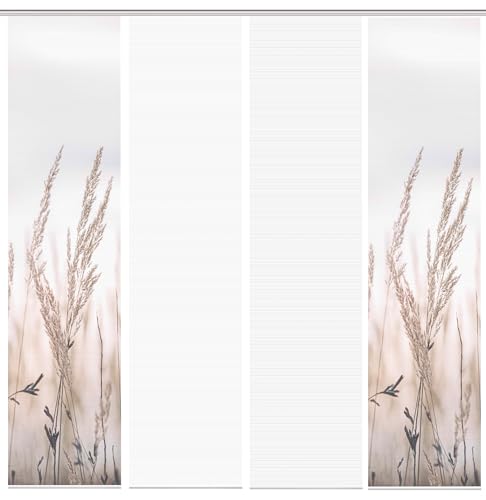 HOME WOHNIDEEN 94373 | 4er-Set Schiebegardine 'RELVA', Digitaldruck auf Bambus-Optik, mit abstraktem Gräser-Motiv, 260x60cm, Farbe: Natur von HOME WOHNIDEEN