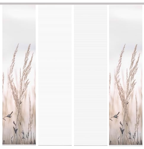 HOME WOHNIDEEN 94373 | 4er-Set Schiebegardine 'RELVA', Digitaldruck auf Bambus-Optik, mit abstraktem Gräser-Motiv, 260x60cm, Farbe: Natur von HOME WOHNIDEEN