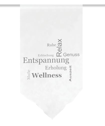 HOME WOHNIDEEN Fensterbehang AUSZEIT, Voile Digitaldruck, transparent, Dreiecksabschluss, Farbe:grau, Größe:80 x 40 cm, Anzahl:1x von HOME WOHNIDEEN