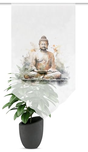 HOME WOHNIDEEN Fensterbehang Zayra, Voile Digitaldruck mit Budda, transparent, Dreiecksabschluss, Farbe:Natur, Größe:100 x 90 cm, Anzahl:1x von HOME WOHNIDEEN