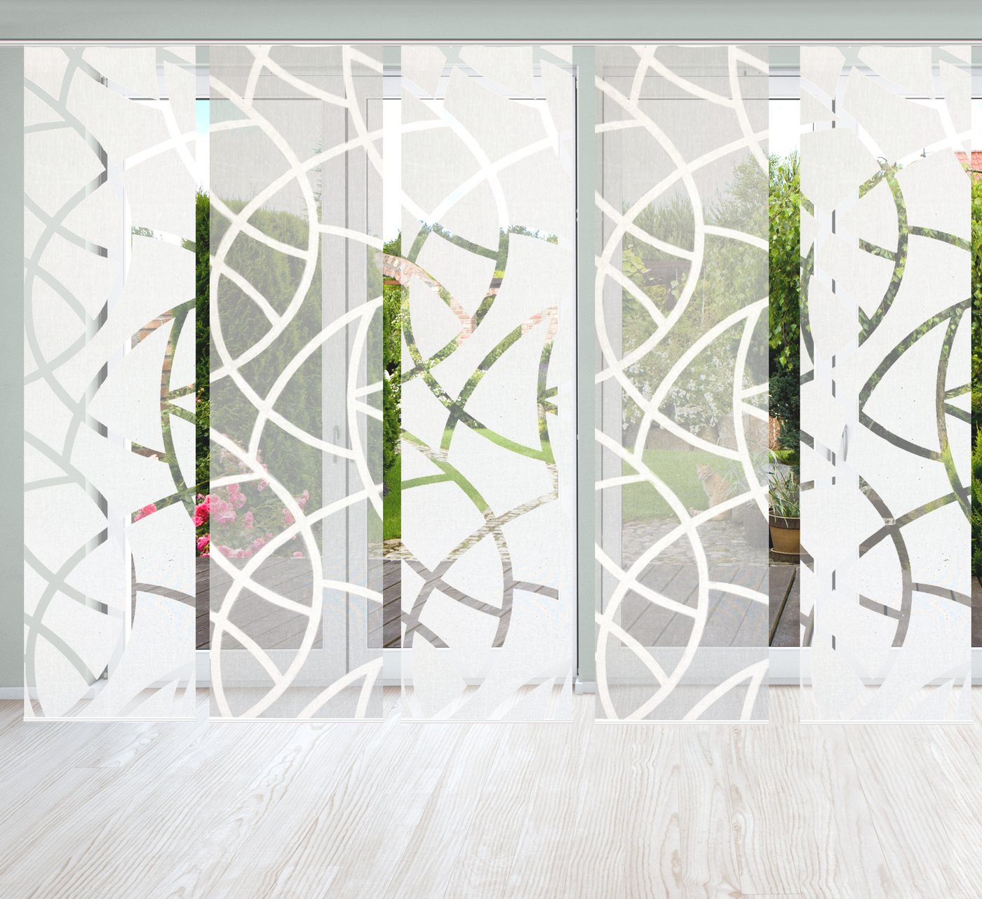 HOME WOHNIDEEN Schiebegardine CASSÉ (5 St), Paneelwagen, blickdicht, Dekostoff, mit transparentem Scherli von HOME WOHNIDEEN